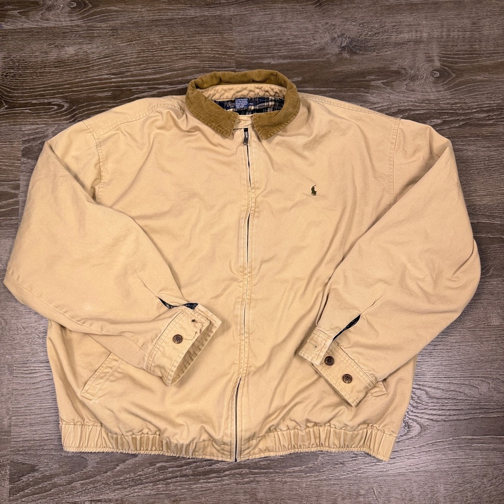 VTG Polo Ralph Lauren H Jacket Mens XL Tan Corduroy Collar Plaid Lined